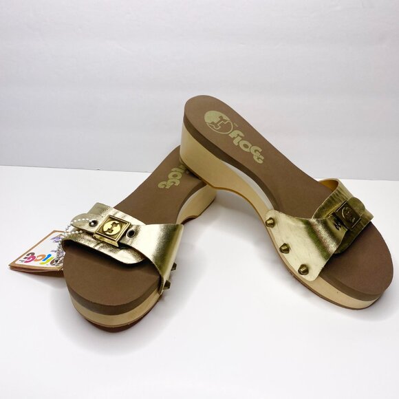 NWT Flogg Melanie Sandals Gold Leather Wooden Platform Retro Slides Y2K Size 7.5 - Picture 4 of 9